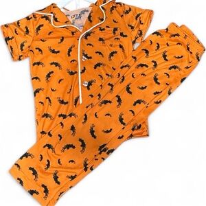 Kids Orange Bat Print Halloween Pajama Set Size 4 New